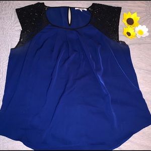 Blue Blouse With Lace Cap Sleeves